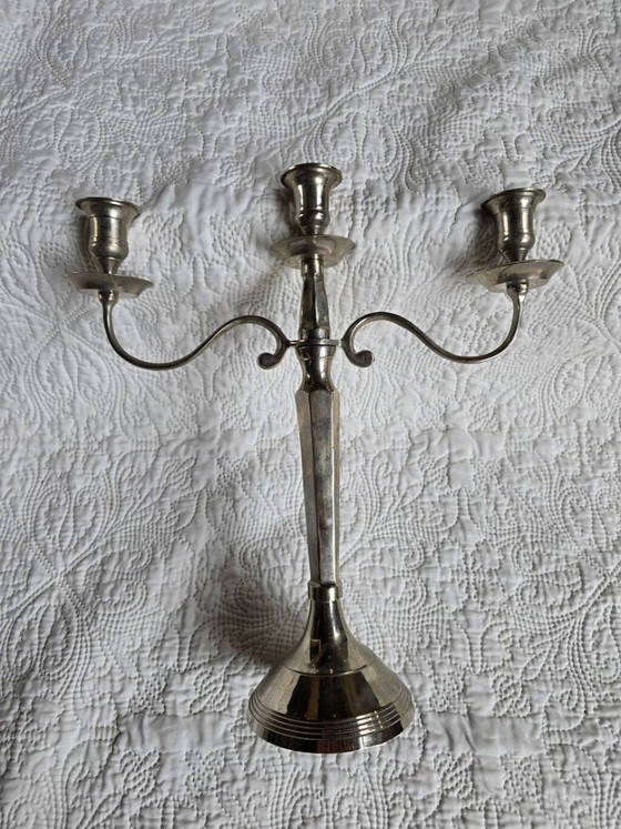 Three-light silver-plated metal candelabra – antique Louis XVI style chandelier – Candle holders (photo 2 of 5)