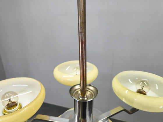 Image 1 of Art Deco Chrome Chandelier with Six Opaline Glass Shades, 1930s