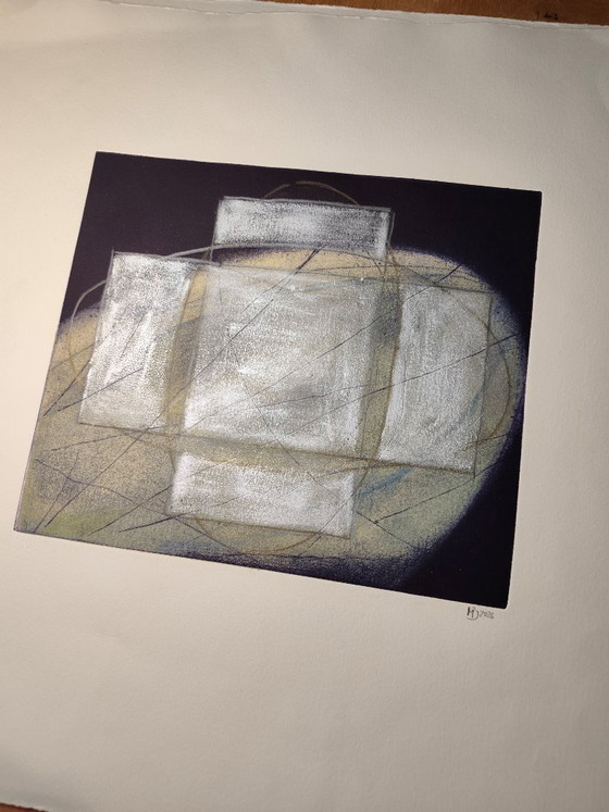 Vintage Zilverkleurige Ets - handgeschilderd - Geometrisch - A.Dombrowsky - 1987, Giclée Prints, Anders (foto 3 van 10)