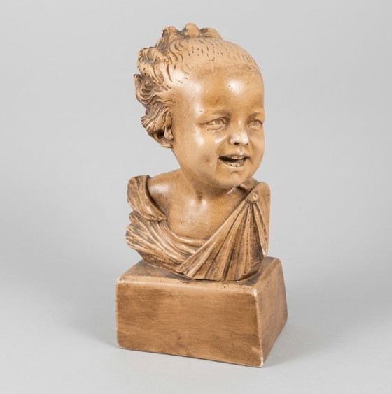 Buste d'un Enfant Rieur, Couleurs Terre Cuite, Sculptures, Céramique, Marron (photo 2 sur 7)