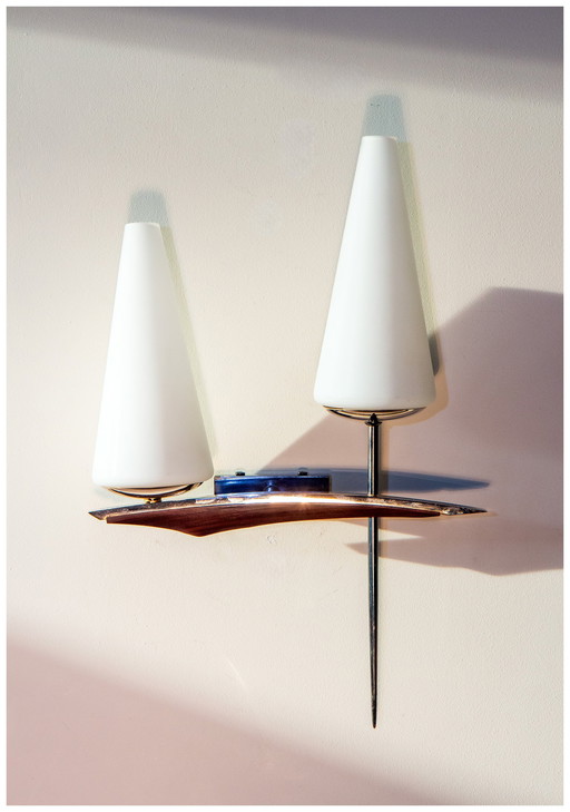 50's wall lamp, Opaline, Teak and Brass