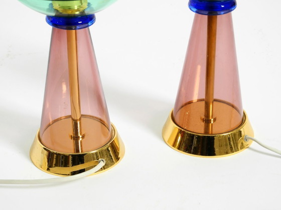 Image 1 of Deux lampes de table rares en verre de Murano italien des années 1980, au design Memphis postmoderne | Vetri Murano