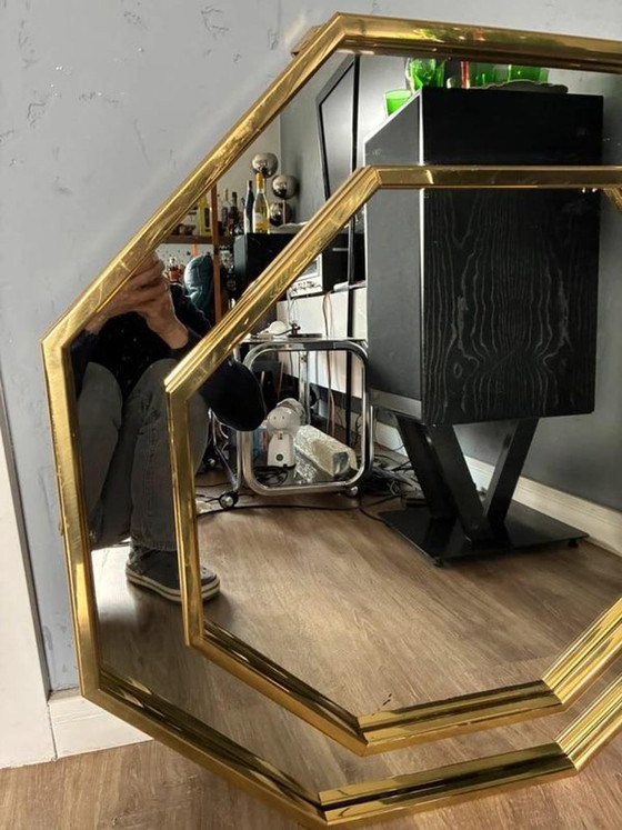Lachmayr Messing Spiegel, Geometrische Wandspiegel Jaren 70, Glas, Gold, 1970 (foto 2 van 5)