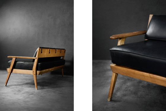 Image 1 of Divano vintage in rovere e pelle nera, stile tedesco moderno di metà secolo, anni '60