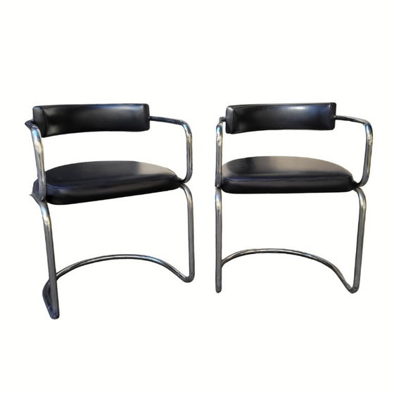 Image 1 of Coppia di poltrone Bauhaus, acciaio cromato e pelle nera, Movimento Moderno, anni '70 – Svizzera