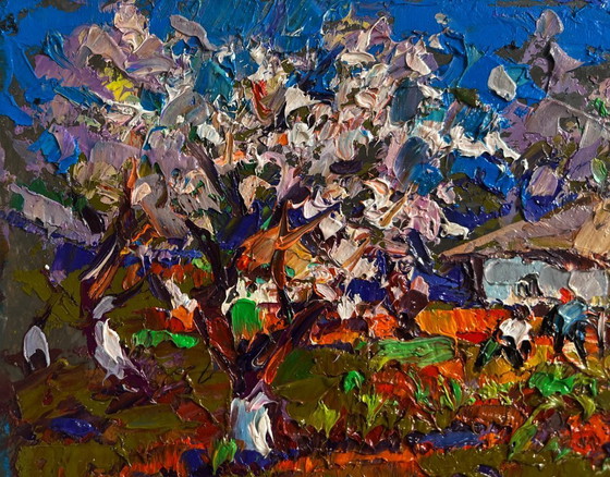 Image 1 of Original Oil Painting Summer Village Landscape The gardens are blooming
