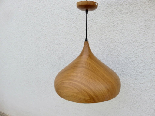 Lámpara colgante escandinava de metal con aspecto de madera, años 80.