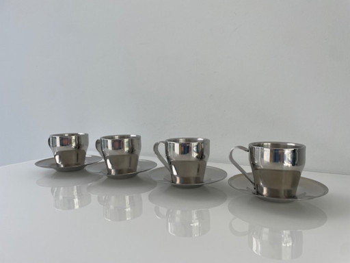 Set of 4 stainless steel espresso cups with saucers