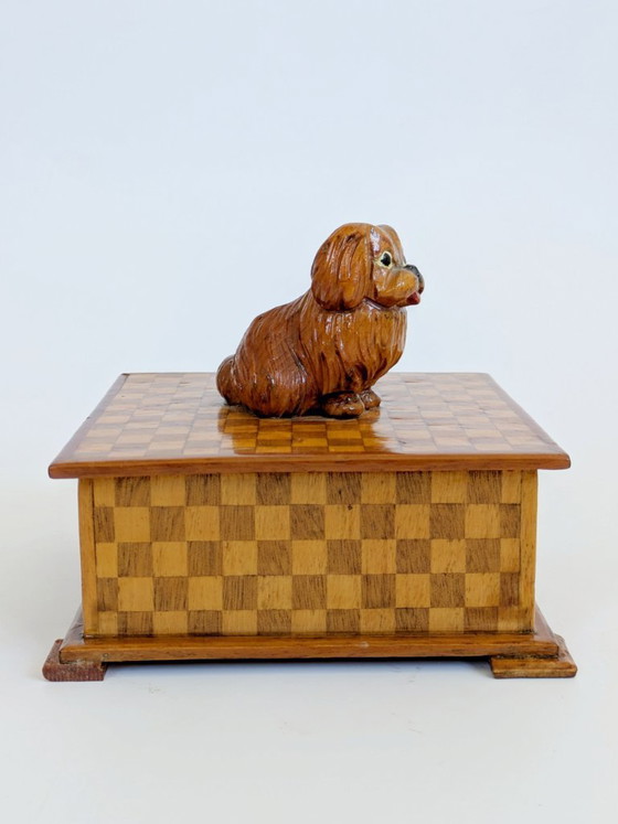 Image 1 of Midcentury Handmade Wooden Trinket Box, Dog Figurine Lid Checkered Pattern, Quirky Decor