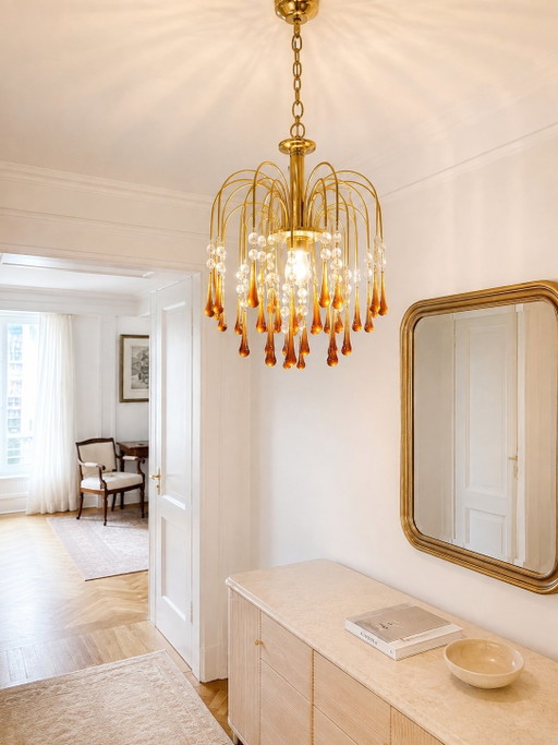 EMME PI LIGHT Italian Vintage Cascade Chandelier – Amber Glass & Brass – 1980s – kroonluchters, Metal (photo 2 of 8)
