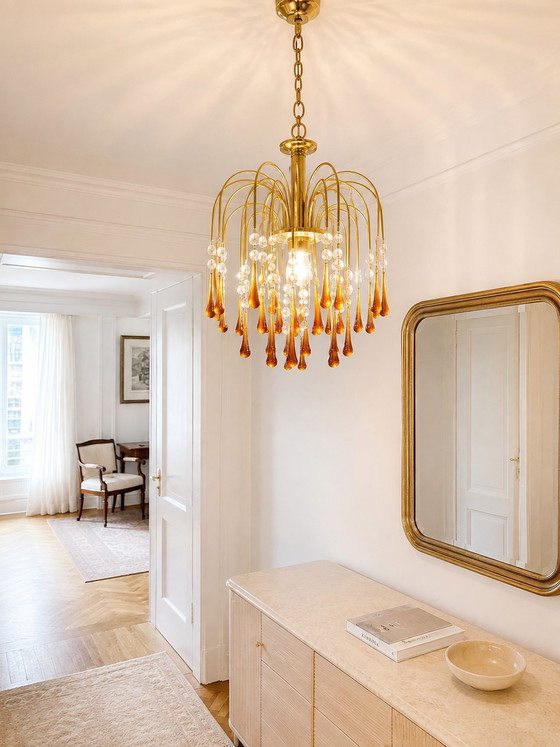EMME PI LIGHT Italian Vintage Cascade Chandelier – Amber Glass & Brass – 1980s – Metal (photo 2 of 8)