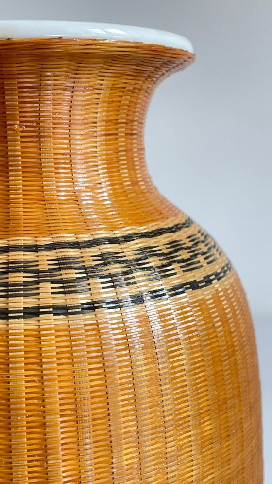Image 1 of Vintage Woven Bamboo and Fine Porcelain Vase