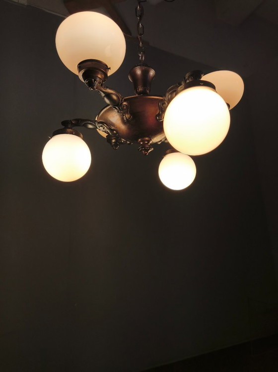 Image 1 of Lustre Art Déco tchèque en laiton et verre crème, années 1920