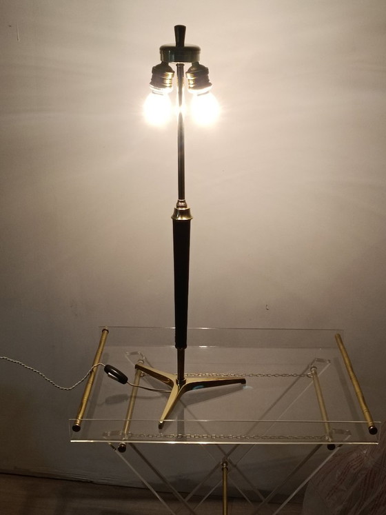 Met leer beklede messing lamp van Jacques Adnet, jaren 1950 – Tafellampen, Leather, Brass (photo 12 of 12)