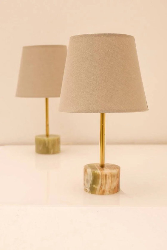 Image 1 of Mid-century modern Italian onyx and brass table lamps, set of 2