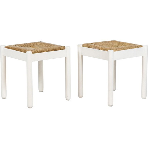 Paar Vintage-Hocker aus lackiertem Holz und Stroh, 1970