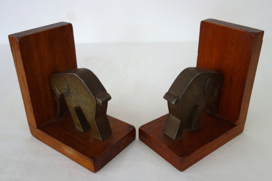 Image 1 of Coppia di fermalibri vintage a forma di elefante in legno e ottone