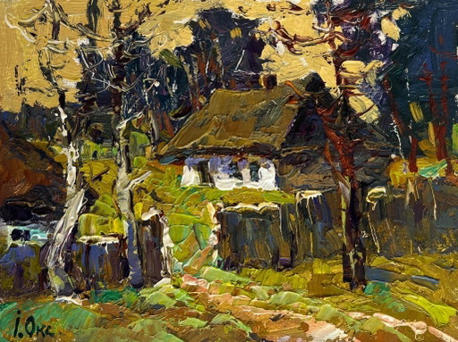 Origineel olieverfschilderij: Herfstboslandschap met huizen in de buurt van het bos.