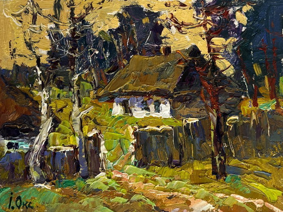 Image 1 of Original Oil Painting Autumn Forest Landscape Houses near the forest