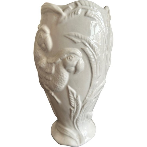 Vase vintage en faïence blanche avec perroquet, 1970