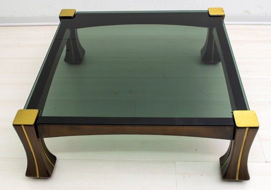 Image 1 of Mesa de centro italiana de madera y latón de mediados de siglo de Luciano Frigerio "Ussaro", década de 1970