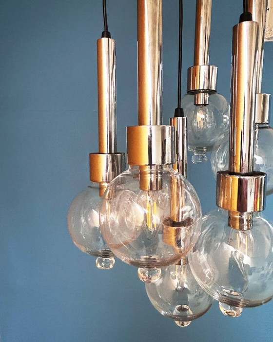 Image 1 of Lampada a sospensione vintage a 7 sfere – vetro soffiato e cromo – anni '70