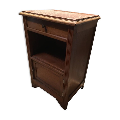 Solid oak bedside table with brown marble.