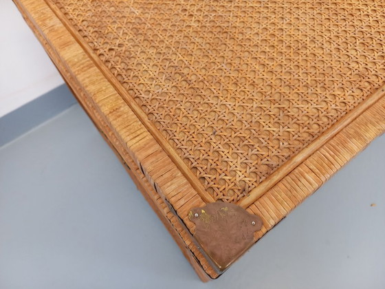 Image 1 of Baule vintage in legno, rattan, paglia e ottone