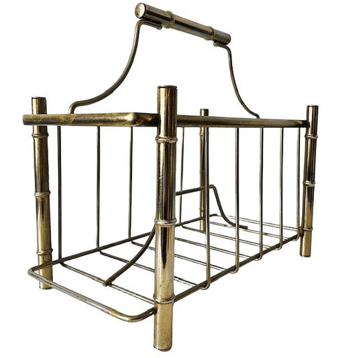 Vintage Hollywood Regency Faux Bamboo Newspaper Rack Magazine Basket Gold Metal Magazine Rack 1960s