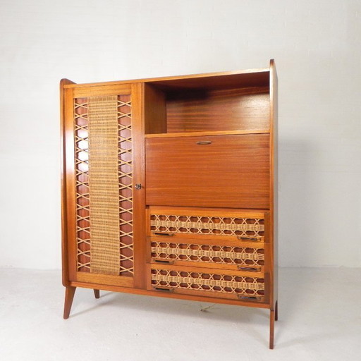 Mobiletto vintage, scrittoio in rattan e legno, anni '60