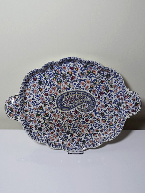 Image 1 of Belangrijk antiek Gien faience dienblad, 1875-1885, met kasjmierpatroon.