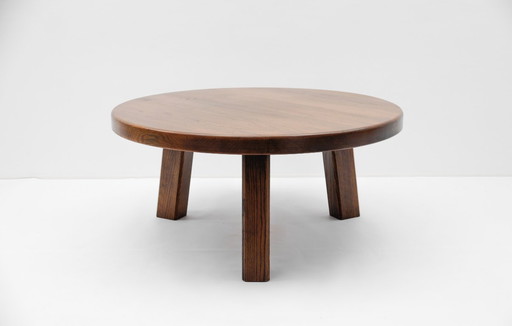 Ronde eikenhouten Franse salontafel in Pierre Chapo-stijl, jaren 60.