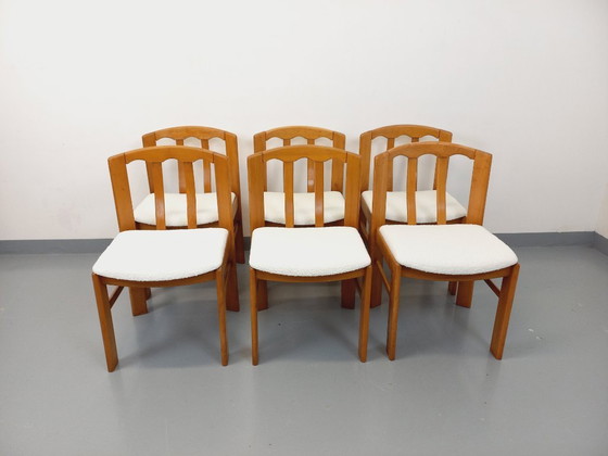 Image 1 of Set of 6 vintage chairs in elm wood and bouclé fabric from the 70s and 80s