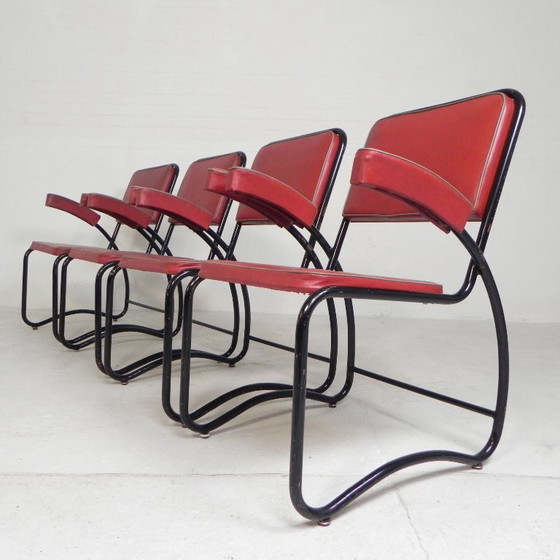 Image 1 of Conjunto de 4 sillones y mesa de centro con estructura tubular de estilo Bauhaus, década de 1950.