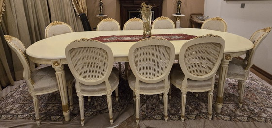 Image 1 of Grand Louis XVI Style Dining Suite: Large Oval Table & 10 Medallion Chairs (Solid Walnut)