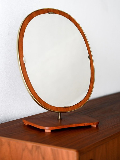 Vintage Scandinavian teak and brass table mirror