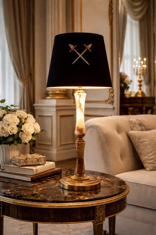 Grote lamp in Empire-stijl van massief brons met onyxafwerking, volledig gerestaureerd.