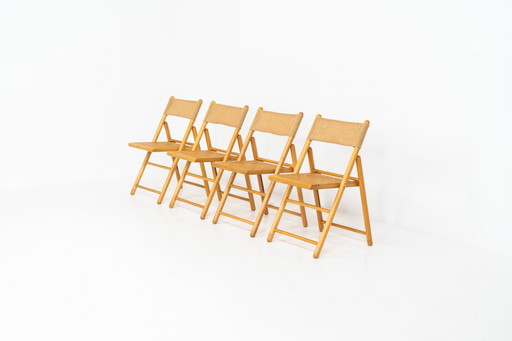 Set van 4 elegante gevouwen stoelen van riet en jute (Duitsland, jaren 1970)