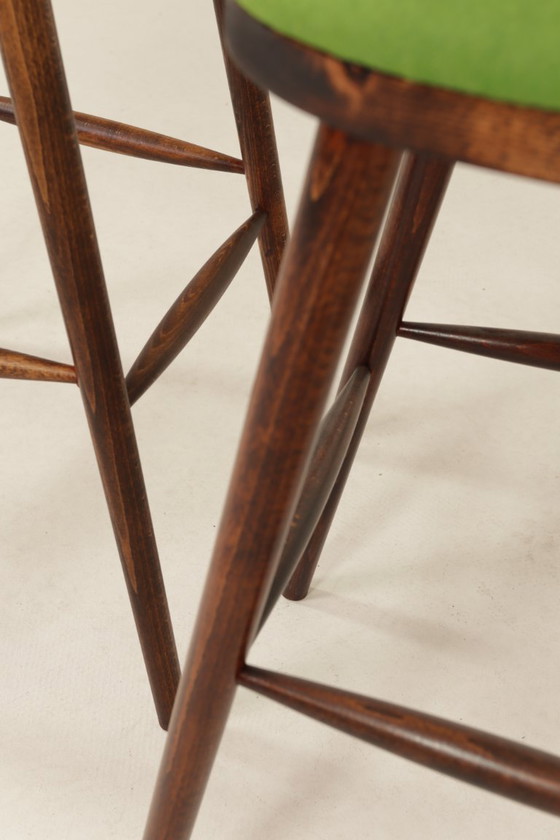 Image 1 of Beech Wood Bar Stools – Green Recycled Wool Upholstery, Rustic Mid-Century Style