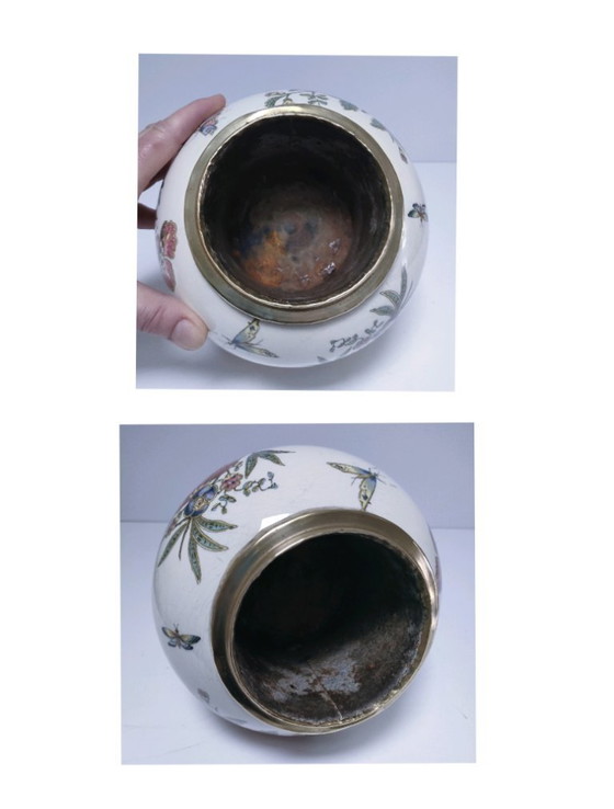 Image 1 of Earthenware and brass ball vase with flowers and insects, early 20th century