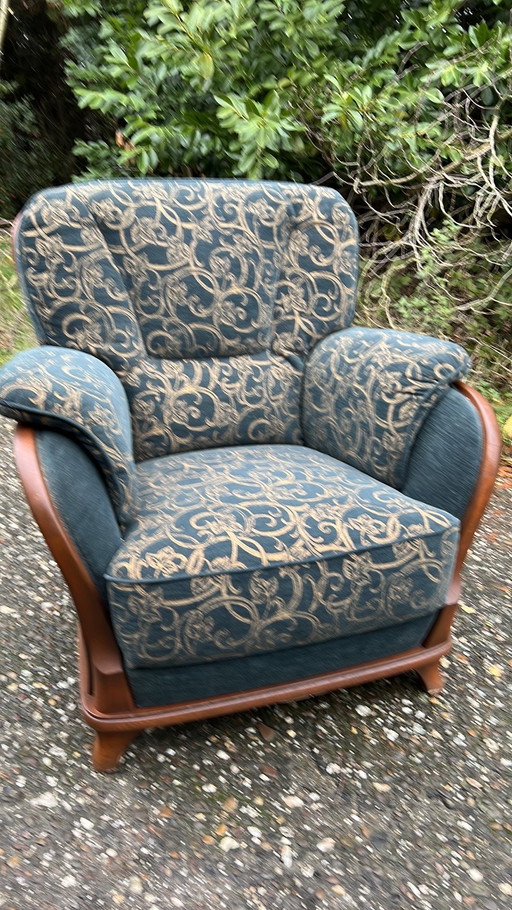 Jugendstil kersenhouten bank met 2 fauteuils 