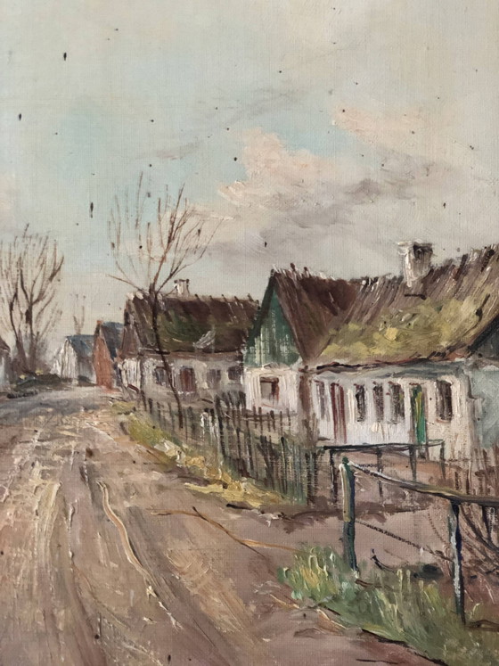 Image 1 of Peinture à l'huile originale représentant un village européen vintage avec des cottages, vers 1940