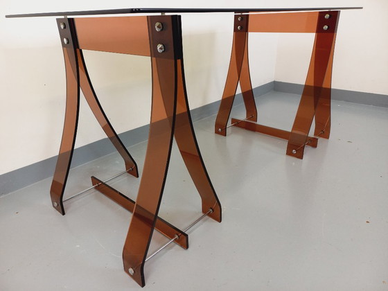 Image 1 of Scrivania vintage di Marcello Gacita e Pierre Tiberi per Rodet in vetro fumé, plexiglass e metallo cromato degli anni &#39;70