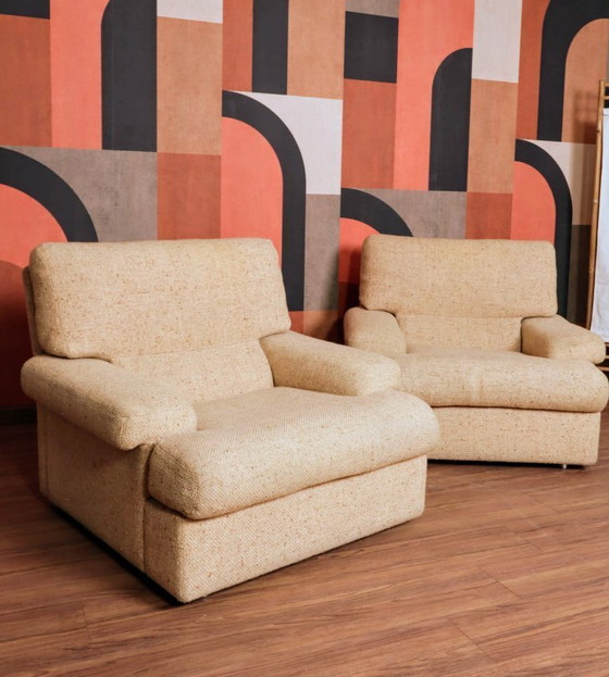 Image 1 of Vintage fauteuils, beige stof, minimalistisch design, 1980, set van 2