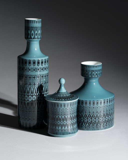 Trío gráfico turquesa Rosenthal Studio-Line Diseño de Theo Baumann Jarrones y caja