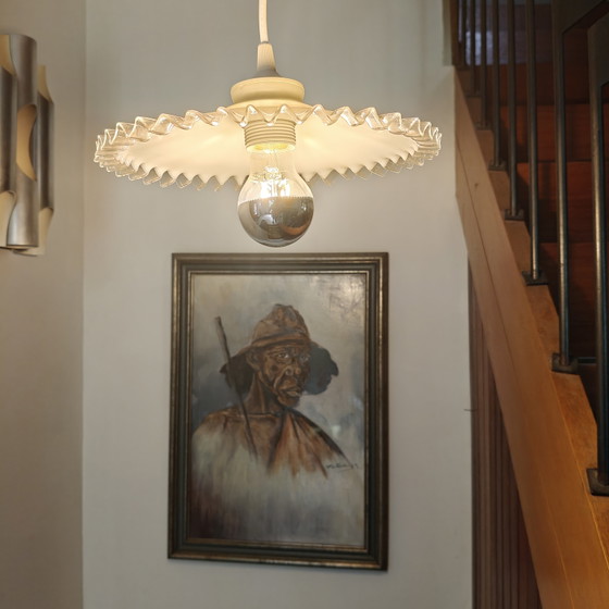 Image 1 of Vintage Opaline Glass Pendant Lamp – Ruffled Edge – 1970s Italian Style