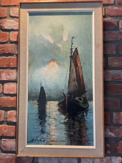 Peinture à l'huile de Karl Dirks, Bateaux au crépuscule