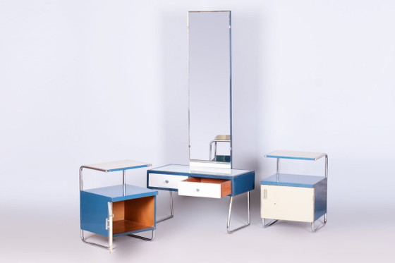 Een paar gerestaureerde Bauhaus-nachtkastjes, chroom, gelakt hout, Tsjechië, jaren 1930 – Wood, Chrome (photo 8 of 10)