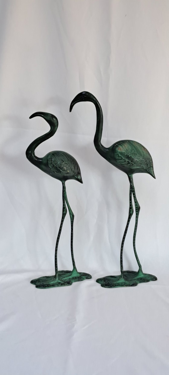 Due sculture di fenicotteri in ottone patinato verde, Oggetti decorativi, 1980 (foto 2 di 16)