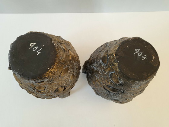 Image 1 of PAIR OF VINTAGE 1960S VASES, CERAVERRE, GILDED MOIRED CERAMIC, 1960S